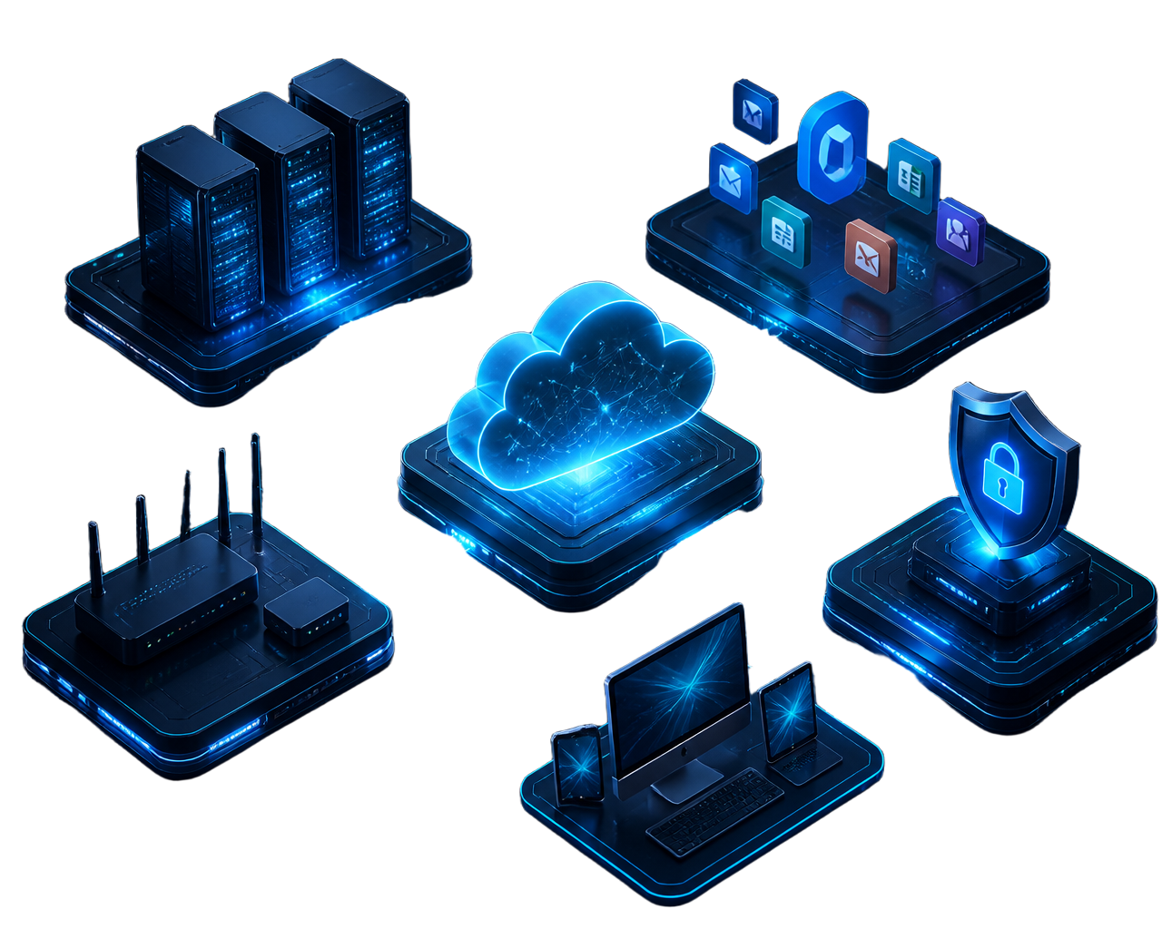 Isometric CoreTech technology ecosystem with cloud infrastructure, data centers, Microsoft 365, network systems and cyber security